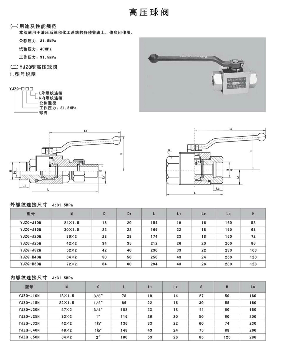 液压高压球阀结构图与尺寸表